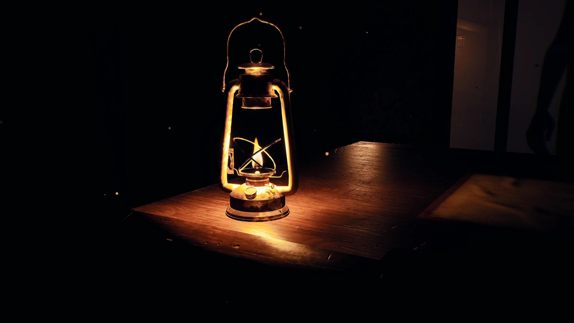 An old oil lantern burns with a small amber flame on a dark wooden table. Beyond it, a cold doorway of pale light where a figure is barely visible.